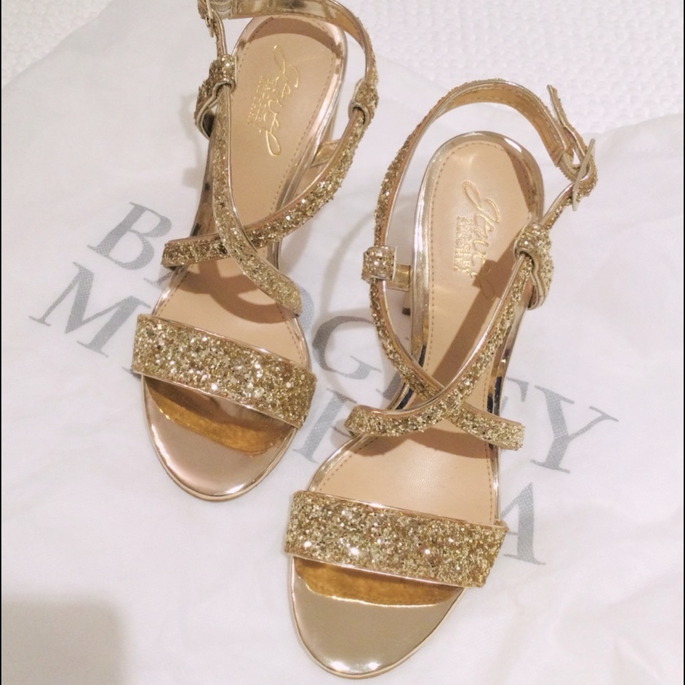 BADGLEY MISCHKA JEWEL HIGH HEEL SANDALS GOLD